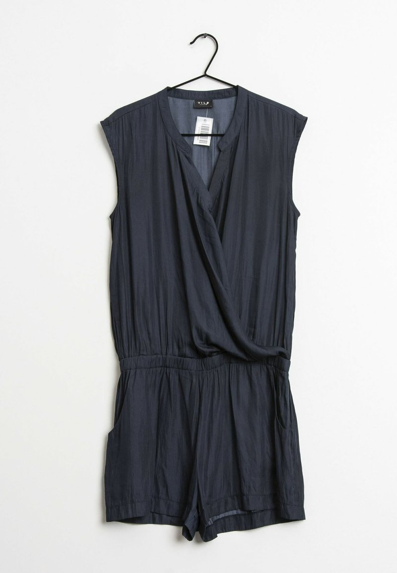 Navy blue sleeveless romper with a wrap front, elastic waistband, and two side pockets; made of lightweight, smooth fabric.