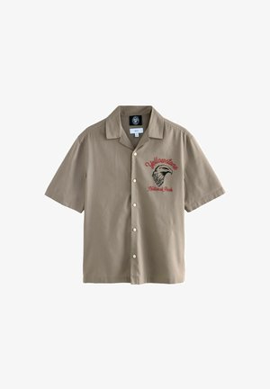 Korte mouw, beige overhemd van katoen met knopen, voorzien van rode geborduurde tekst "Yellowstone National Park" en een ontwerp van een adelaar.