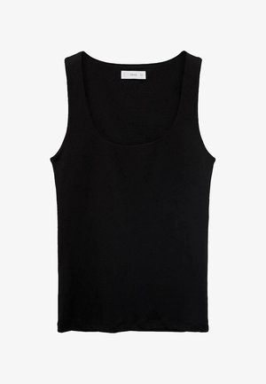 Zwarte mouwloze tanktop van ribstof, met een brede ronde hals en een rechte zoom, met minimale stikdetails.