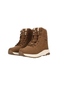 Bottes brunes imperméables avec un design à lacets, doublure en fausse fourrure et collier rembourré. Accents beiges notables et semelle en caoutchouc blanche.