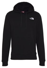 Czarna bluza z kapturem typu pulower, z przednią kieszenią kangurką, regulowanym sznurkiem w kapturze i białym logo „The North Face” na lewej górnej części klatki piersiowej.