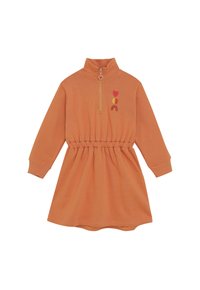 Langärmliges orangenes Kinderkleid mit elastischem Bund, halben Reißverschluss-Kragen, herzförmigem Zipper und kleiner Herz-, Mond- und Regenbogenstickerei.