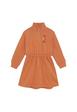 Langärmliges orangenes Kinderkleid mit elastischem Bund, halben Reißverschluss-Kragen, herzförmigem Zipper und kleiner Herz-, Mond- und Regenbogenstickerei.