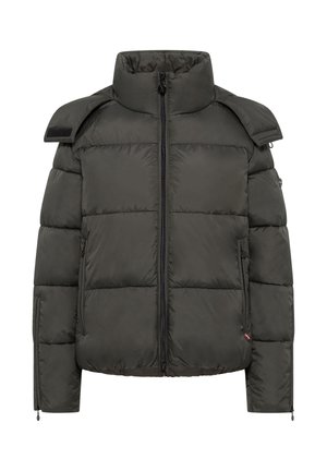 Dunkelgrüne Steppjacke, gestepptes Design, hoher Kragen, Frontreißverschluss, zwei seitliche Taschen und Schulterklappe mit Klettverschluss.