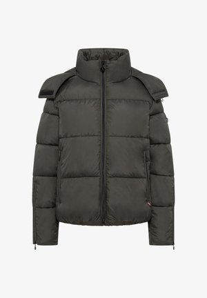 Dunkelgrüne Steppjacke, gestepptes Design, hoher Kragen, Frontreißverschluss, zwei seitliche Taschen und Schulterklappe mit Klettverschluss.