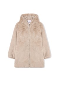 Cappotto in finta pelliccia beige con cappuccio, maniche lunghe e chiusura frontale con zip. Morbida texture, progettato per calore e comfort.
