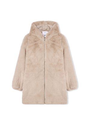 Beżowy płaszcz z futra syntetycznego z kapturem, długimi rękawami i z przodu na zamek błyskawiczny. Miękka tekstura, zaprojektowany dla ciepła i komfortu.
