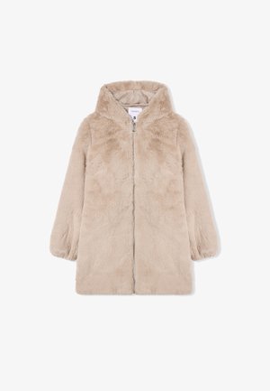 Cappotto in finta pelliccia beige con cappuccio, maniche lunghe e chiusura frontale con zip. Morbida texture, progettato per calore e comfort.