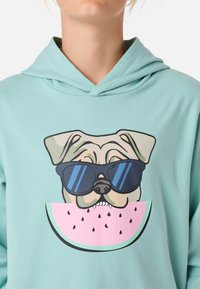 Felpa leggera blu chiaro con una grafica di un cane con occhiali da sole e una fetta di anguria rosa sottostante. Tessuto morbido, design casual e senza fantasie.