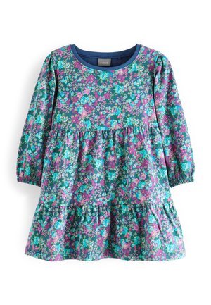 Langärmeliges Kleinkindkleid mit gerafften Stufen, elastischen Bündchen und buntem Blumenmuster in Blau-, Grün-, Rosa- und Lilatönen.