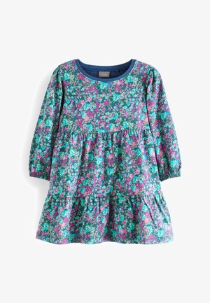 Vestido de manga larga para niño pequeño con volantes fruncidos, puños elásticos y patrón floral colorido en tonos de azul, verde, rosa y púrpura.