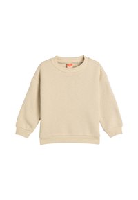 Beige sweatshirt i mjukt tyg med rund hals, sänkt axel och ribbad mudd och nederkant. Inga mönster eller ytterligare detaljer synliga.