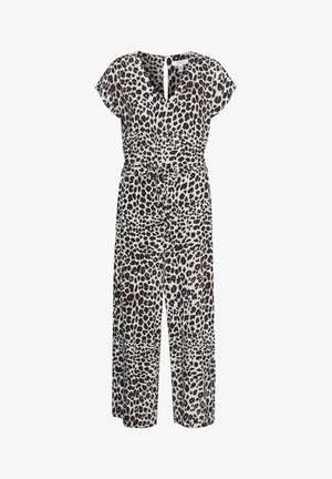 Leopardikuosisella evoluutiosuitilla, jossa on V-pääntie, hihattomat hihat, sidottava vyötärö ja leveät lahkeet. Materiaali vaikuttaa kevyeltä ja sileältä.