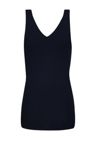 Tumeen ribadeta tank top V-kaela kujuga, millel on sobiv siluett ja tekstuuriga kangas, mis tagab mugava ja keha lähedase istuvuse.