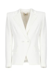 Blazer bianco su misura con chiusura doppiopetto, reversed con risvolti, due tasche a patta e un leggero lucido. Tessuto liscio con una vestibilità strutturata.
