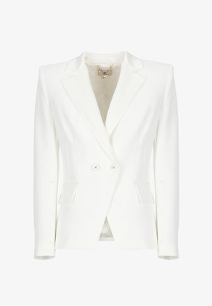 Blazer bianco su misura con chiusura doppiopetto, reversed con risvolti, due tasche a patta e un leggero lucido. Tessuto liscio con una vestibilità strutturata.