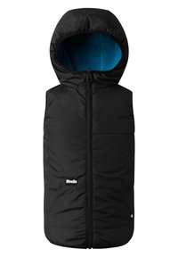 Schwarze Steppweste mit Kapuze, Reißverschluss vorne und zwei seitlichen Taschen. Besitzt ein weiches blaues Fleece-Futter und ein Logostück auf der linken Seite.