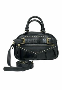 Borsa a tracolla in pelle nera con hardware dorato, dettagli borchiati e un logo distintivo. Presenta manici doppi e una tracolla rimovibile.