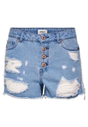 Lyseblå denimshorts med flere store slidte pletter, fire knapper foran og frynset kant.