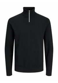 Polo à manches longues noir pour homme avec col montant et petite fermeture éclair avant argentée, poignets et ceinture côtelés, présenté sur fond blanc.