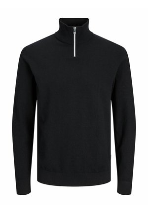 Męski czarny pulower z długim rękawem, wysokim kołnierzem i krótkim srebrnym zamkiem z przodu, z prążkowanymi mankietami i paskiem, na białym tle.