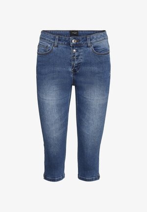 Jeans capri med en mellanblå tvätt, femknapps gylf, klassiska fickor och uppvikta fållar för en kort design.