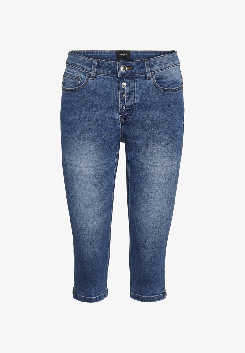 Pantalones capri de mezclilla en un lavado azul medio con una cremallera de cinco botones, bolsillos clásicos y dobladillos con vuelta para un diseño recortado.