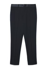 Schwarze Hosen mit einem glatten, satinierten Bund. Verfügt über zwei Fronttaschen und einen geraden Schnitt, hergestellt aus einem leichten Stoff.