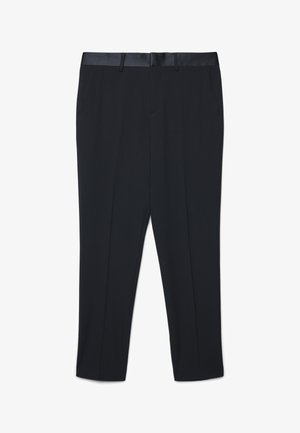 Schwarze Hosen mit einem glatten, satinierten Bund. Verfügt über zwei Fronttaschen und einen geraden Schnitt, hergestellt aus einem leichten Stoff.