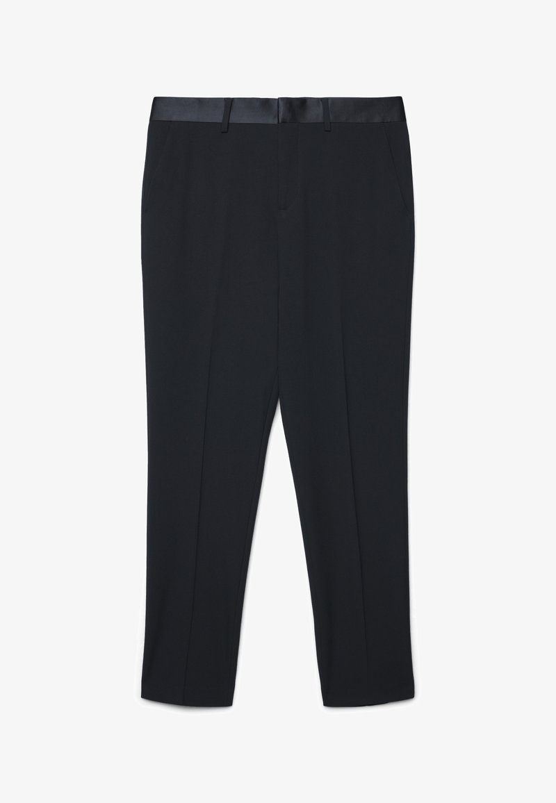 Pantaloni neri con una cintura liscia in satin. Presentano due tasche frontali e un taglio dritto, realizzati in un tessuto leggero.