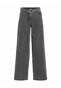 Grå jeans i vid byxmodell med hög midja, med ett cirkulärt spännbälte, två sidfickor och rena fållkanter.