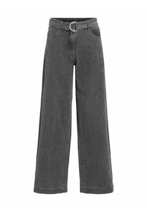 Sive široke kavbojke iz denima z visokim pasom, z okroglo zaponko na pasu, dvema stranskima žepoma in čistimi robovi hlačnic.