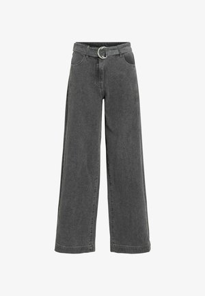 Pantalon large en denim gris à taille haute, doté d'une ceinture avec boucle circulaire, de deux poches latérales et d'ourlets nets.