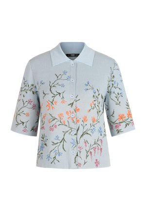 Hele sinine lühikeste varrukatega nööbitav särk terava kraega, millel on oranzhi, sinise, rohelise ja roosa tikitud lillemustrid.