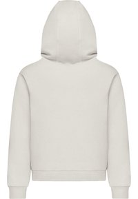 Hoodie grigio chiaro con cappuccio regolabile, polsini a coste e taglio corto. Tessuto in felpa morbido, design minimalista, senza loghi visibili.