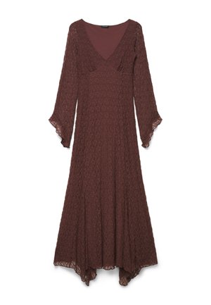 Braunes Spitzenkleid mit langen Ärmeln, V-Ausschnitt, Empire-Taille, ausgestellten Ärmeln und Saum mit Zipfeln.