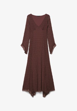 Braunes Spitzenkleid mit langen Ärmeln, V-Ausschnitt, Empire-Taille, ausgestellten Ärmeln und Saum mit Zipfeln.