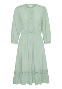 Light green dress made of soft fabric with a round neckline, button placket, and delicate lace trim along the bodice and hem.