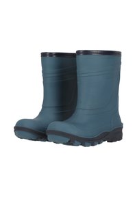 Siniset kumiset sateenvarust bootsit, joissa on teksturoitu pinta, musta yläreuna ja kestävä, uritettu pohja pitoon. Polven puoliväliin asti yltävät. Kevyt muotoilu.