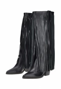 Stivali neri in pelle con tacco alto, caratterizzati da dettagli di frange lunghe, punta a forma appuntita e un solido tacco a blocco. Superficie liscia in tutto.