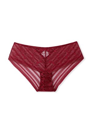 Des culottes en dentelle bordeaux présentent un motif floral, une taille solide et des bords festonnés. Le matériau est transparent avec une texture douce.