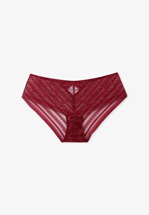 Le mutande in pizzo bordeaux presentano un motivo floreale, una vita solida e bordi ondulati. Il materiale è trasparente con una texture morbida.