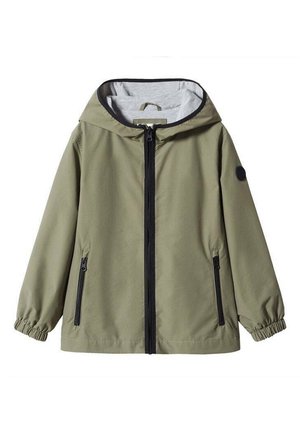 Zielona kurtka z kapturem z czarnym zamkiem z przodu, dwie zapinane na zamek boczne kieszenie, elastyczne mankiety i szara podszewka.