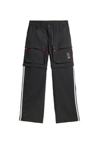 Black cargo pants featuring an elastic waistband, two large front pockets, red accents, and white side stripes. Made of lightweight fabric.