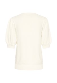 Maglione a maglia color crema con maniche a sbuffo, scollatura a girocollo e orlo a costine. Tessuto strutturato con una finitura liscia. Design semplice e aderente.