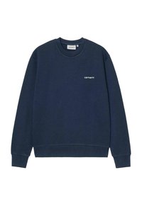 Sudadera de color azul marino hecha de una mezcla de algodón, con cuello redondo, mangas largas y un pequeño logotipo blanco en el pecho. Textura suave.