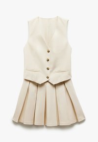 Abito senza maniche di colore crema con top a bustier aderente e gonna plissettata. Presenta cinque bottoni dorati e tasche frontali.