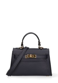 Borsa a tracolla in pelle nera con forma strutturata, hardware dorato, manico superiore e tracolla rimovibile, dotata di una chiusura a gancio sicura.
