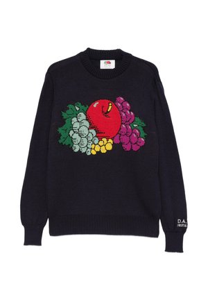 Maglione nero lavorato a maglia con un disegno colorato di frutta che presenta una mela rossa, uva verde e viola e bacche gialle sul davanti.
