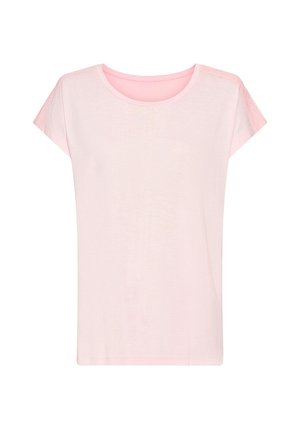 Hellrosa Kurzarm-T-Shirt mit rundem Ausschnitt und Spitzendetails an den Schultern, dargestellt auf weißem Hintergrund.